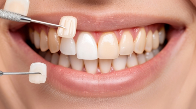Teeth with veneers being matched for color, showing the difference between veneers vs bonding